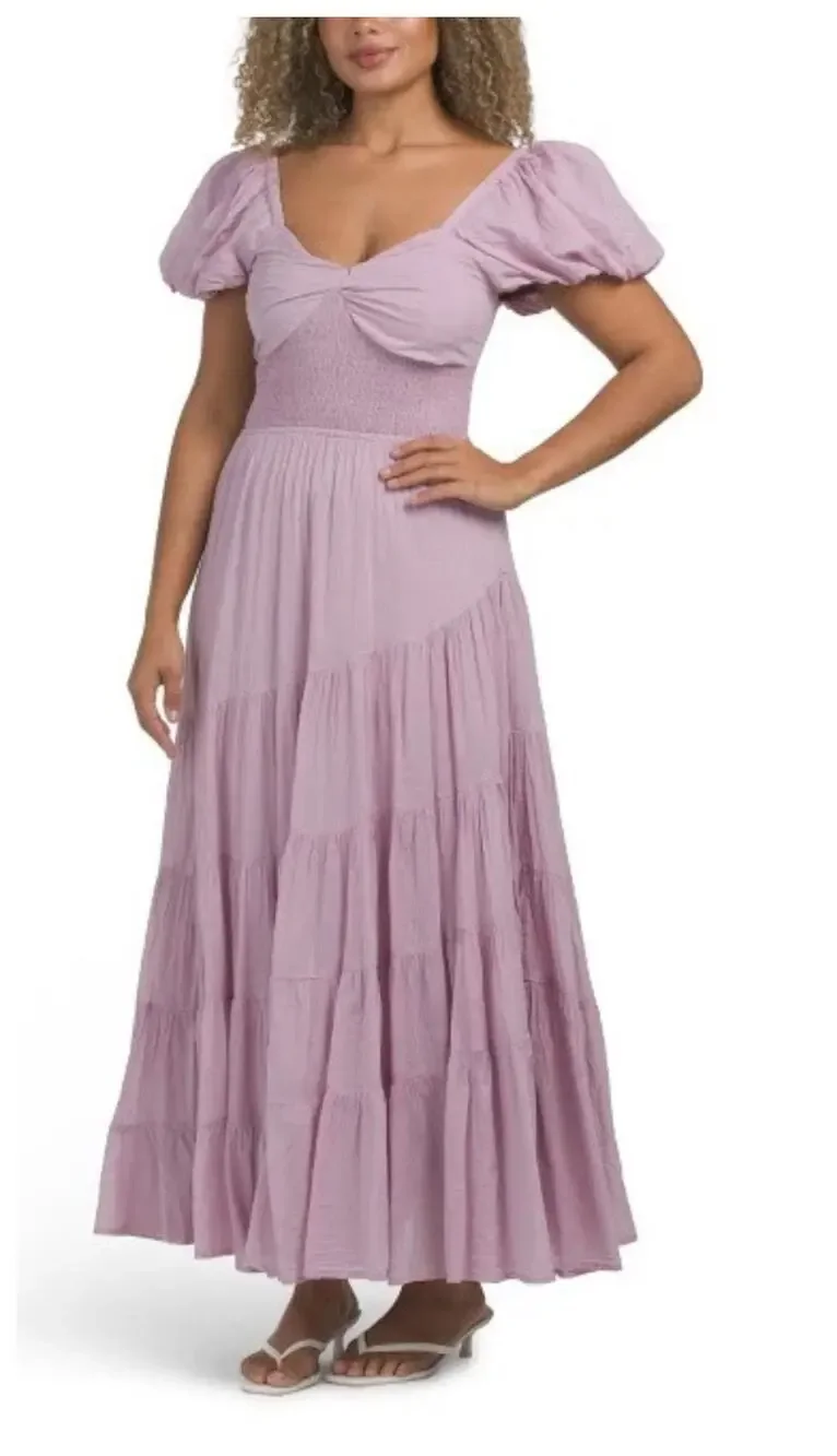NEW FREE PEOPLE Sundrenched Smocked Puff Sleeve Maxi Dress Size Medium